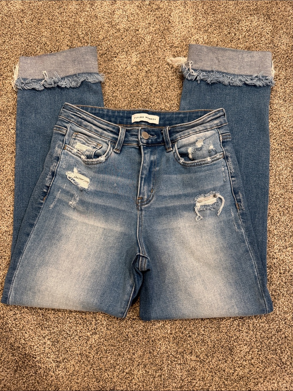 Flying Monkey Light Blue Distressed Cropped Frayed Hem Jeans